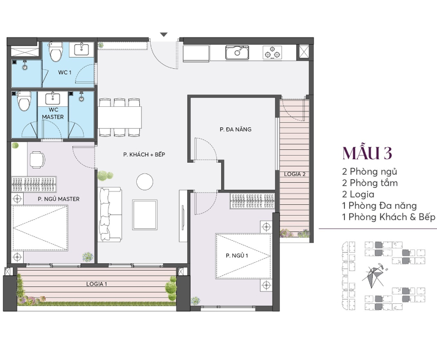 Mẫu thiết kế căn hộ 2 phòng ngủ chung cư Hinode Royal Park Hoài Đức