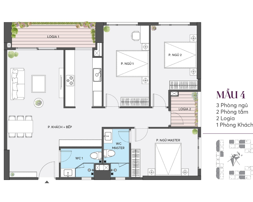 Mẫu thiết kế căn hộ 3 phòng ngủ chung cư The Wisteria tại dự án Hinode Royal Park